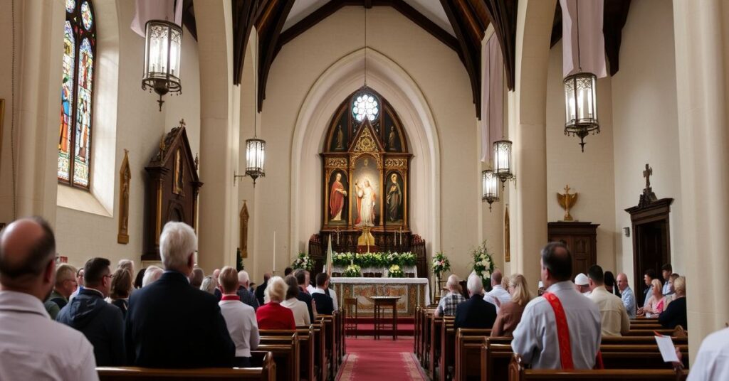 Wierny modli się w tradycyjnej kaplicy przed obrazem Matki Boskiej, symbolizując głęboki duchowy wymiar postu