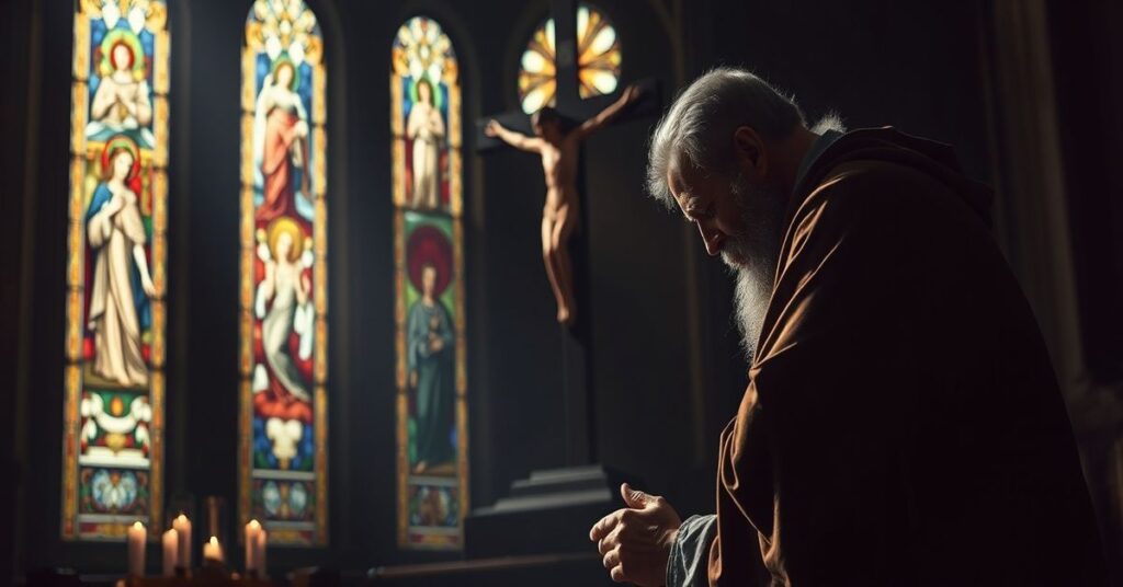 Sobór kościelny z wiernym modlącego się mężczyzną przed krzyżem.