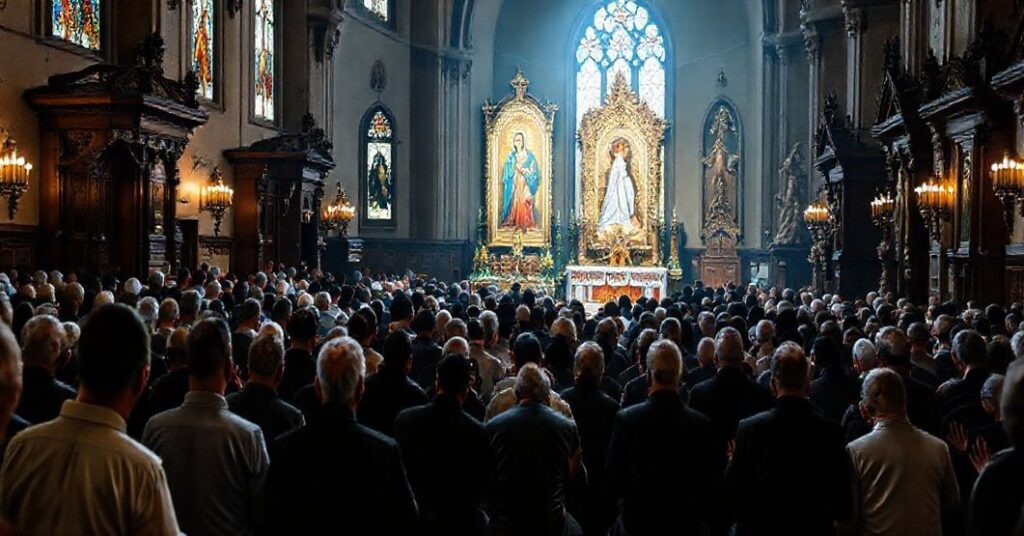 Kolejka wiernych modlących się przed kopią obrazu Jasnogórskiego w tradycyjnym kościele katolickim