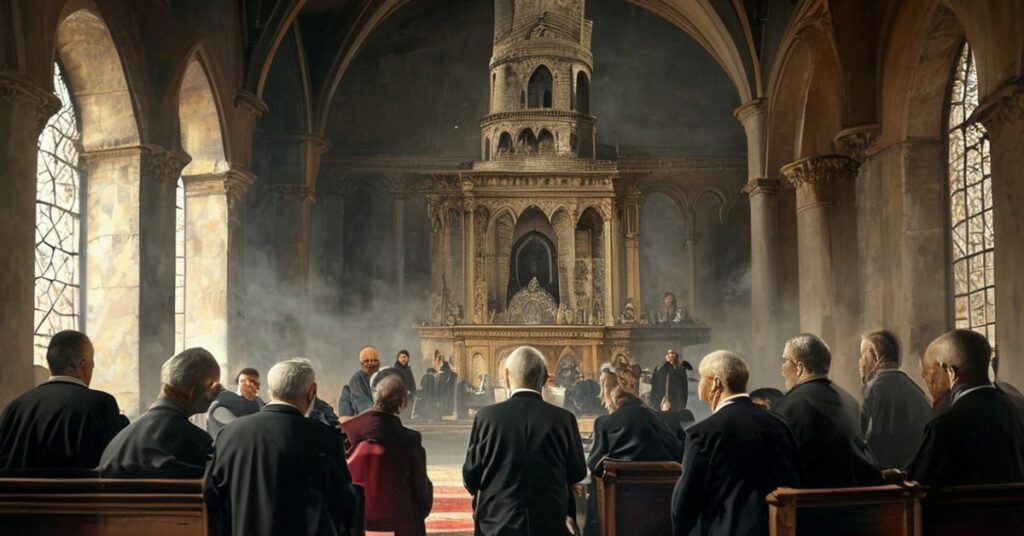 Kaplica katolicka z tradycyjnym ołtarzem przedstawiająca europejskich polityków w modlitwie przed ciemną wieżą Babel.