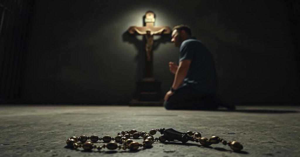 Rzeczywisty widok więźnia modlącego się przed krzyżem w kanadyjskim więzieniu, symbolizujący tragedię legalizacji eutanazji.