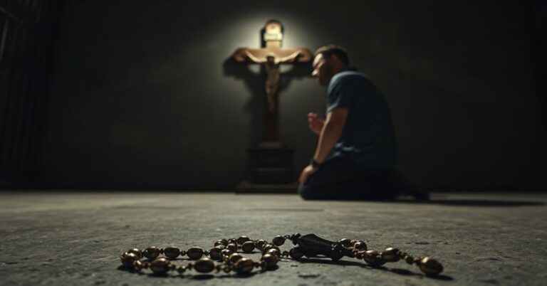 Rzeczywisty widok więźnia modlącego się przed krzyżem w kanadyjskim więzieniu, symbolizujący tragedię legalizacji eutanazji.