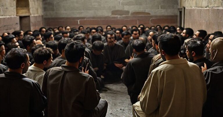 Grupa więźniów w Rzymie podczas tzw. «Jubileuszu Nadziei» zorganizowanego przez uzurpatora Leona XIV. Scena ukazuje uczestnictwo w pseudomszy, bez prawdziwej sakramentowości.