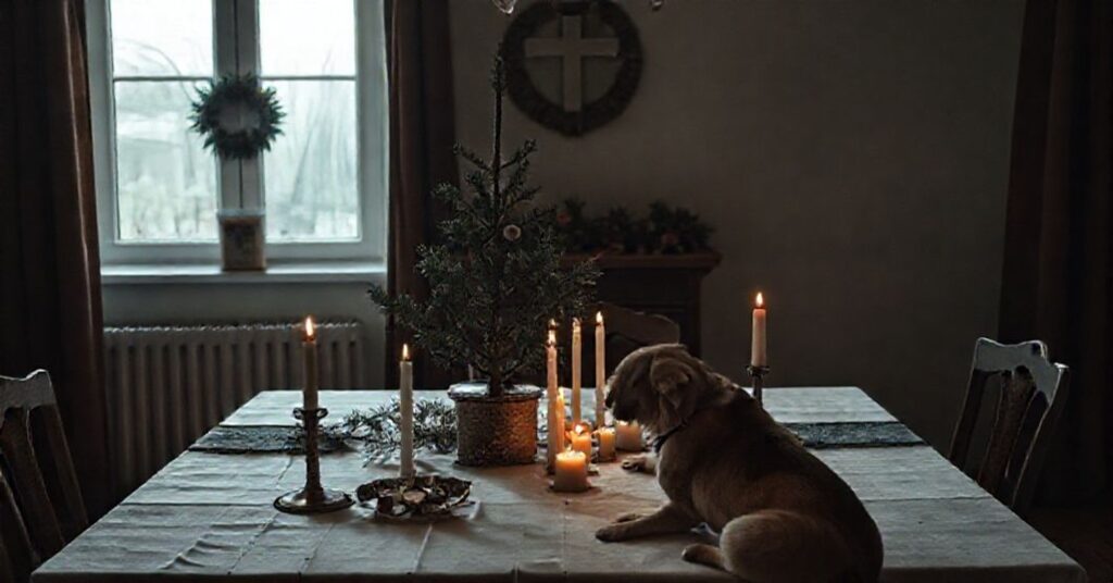 Mroczna scena Wigilii bez religijnych odniesień z Ewą Szykulską przy stołem z pojedynczym drzewkiem i psem Szarusią. Scena podkreśla pustkę współczesnych tradycji bez Chrystusa.