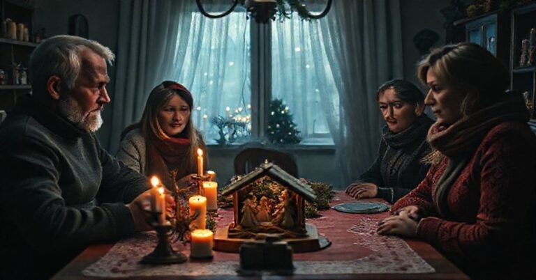 Stół wigilijny w tradycyjnym domu polskim z rodziną wyglądającą smutno podczas obecności osoby transpłciowej.