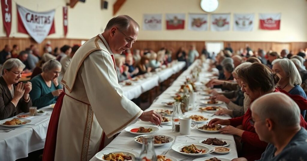 Realistyczny obraz przedstawiający imprezę Wigilia Caritas z długimi stołami pokrytymi białymi obrusami i tradycyjnymi daniami świątecznymi.