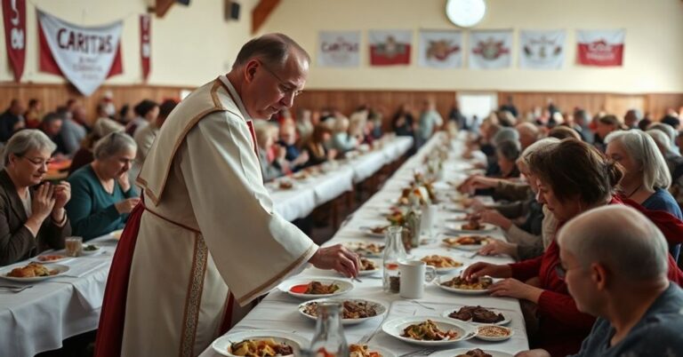 Realistyczny obraz przedstawiający imprezę Wigilia Caritas z długimi stołami pokrytymi białymi obrusami i tradycyjnymi daniami świątecznymi.