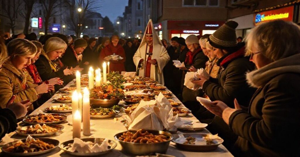 Scena wigilijna w Białej Podlaskiej lub Siedlcach z 23 grudnia 2025 roku pokazująca wspólny stoł zgromadzony z tradycyjnymi daniami wigilijnymi. W tle grupa ludzi w tym figura w stroju księdza rozdaje paczki żywnościowe. Scena jest poważna bez widocznych symboli religijnych lub sakramentów.
