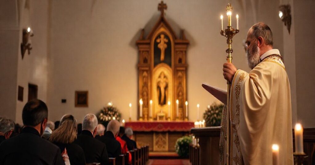 Stary ukraiński kapłan w tradycyjnych szatach liturgicznych celebruje Wigilię w staroobrzędowej cerkwi