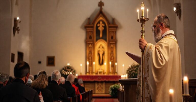 Stary ukraiński kapłan w tradycyjnych szatach liturgicznych celebruje Wigilię w staroobrzędowej cerkwi