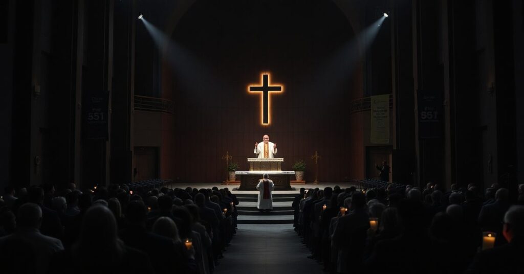 Wnętrze konkatedry św. Jakuba w Olsztynie podczas rzekomej Wigilii Paschalnej z udziałem abp. Józefa Górzyńskiego i kleru sekty posoborowej.