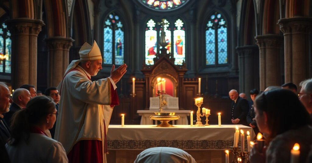 Scena z Wigilii Paschalnej w sandomierskiej katedrze: biskup Krzysztof Nitkiewicz podczas rytuału sakramentalnego.