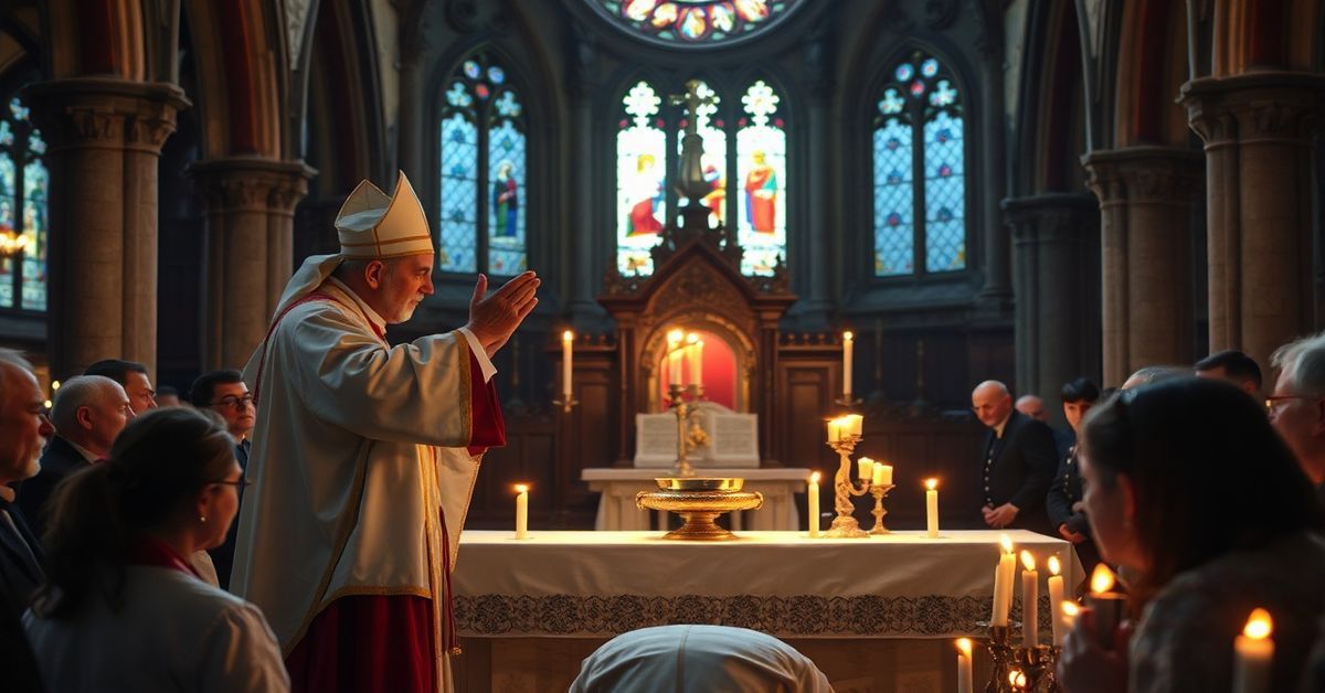 Scena z Wigilii Paschalnej w sandomierskiej katedrze: biskup Krzysztof Nitkiewicz podczas rytuału sakramentalnego.