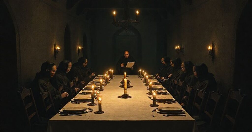 Smętna kolacja w ciemnym korytarzu klasztornym z pustymi miejscami przy stole symbolizującymi duchową pustkę.