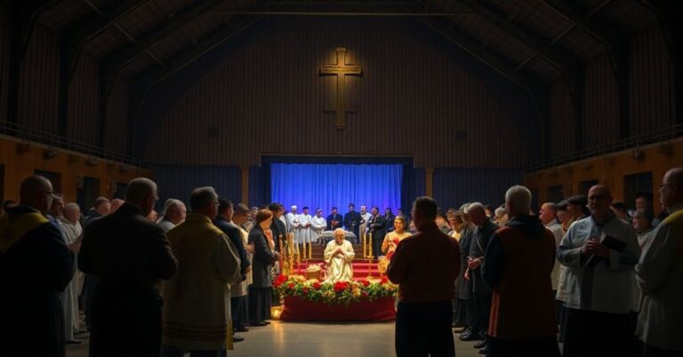 Scena wigilii w Tarnobrzegu z synkretycznymi elementami w hali sportowej