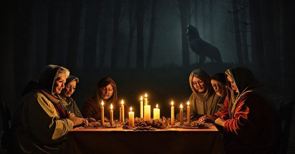 Pokojowa rodzinna wigilia Bożego Narodzenia z ciemną symboliką w tle