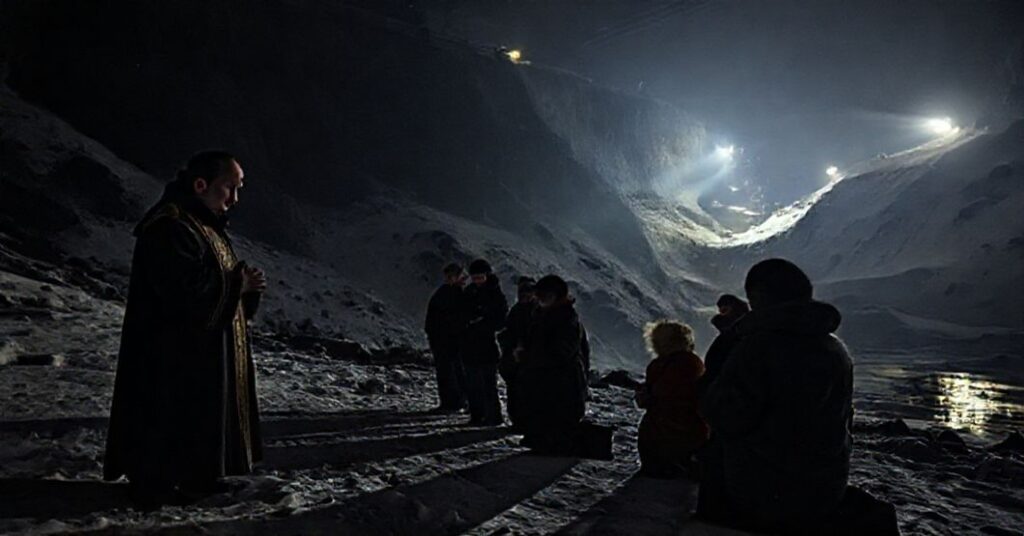 Ciemna scena Wigilii w kopalni Silesia w Czechowicach z 21 górnikami w podziemnym protestach i sześcioma protestującymi na powierzchni.