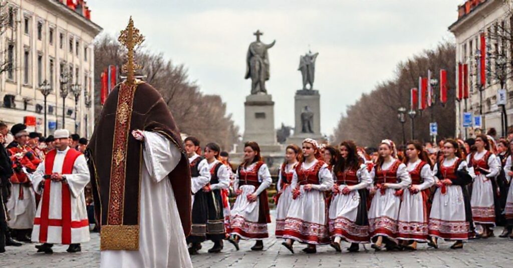 Grupa osób modli się przed posągiem Chrystusa Króla podczas marszu pamiątkowego w Wilnie