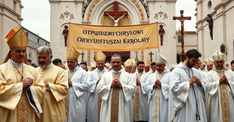 Tradycyjna katolicka procesja w Wilnie z modlitwą różańcową i banerem 'Odpowiedzmy Chrystusowi Królowi', symbolizującą obronę życia w nadprzyrodzonym porządku.