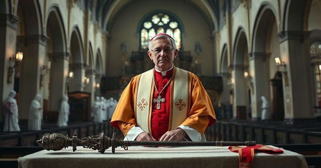 Portret Wilhelma Pluty w tradycyjnych biskupich szatach kościelnych przed tłem zdewastowanego kościoła z modernistycznymi zmianami.