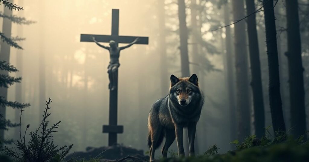 Samotny wilk stojący w mgliście lesie z krzyżem w tle, symbolizujący katolicką perspektywę na stworzenie.