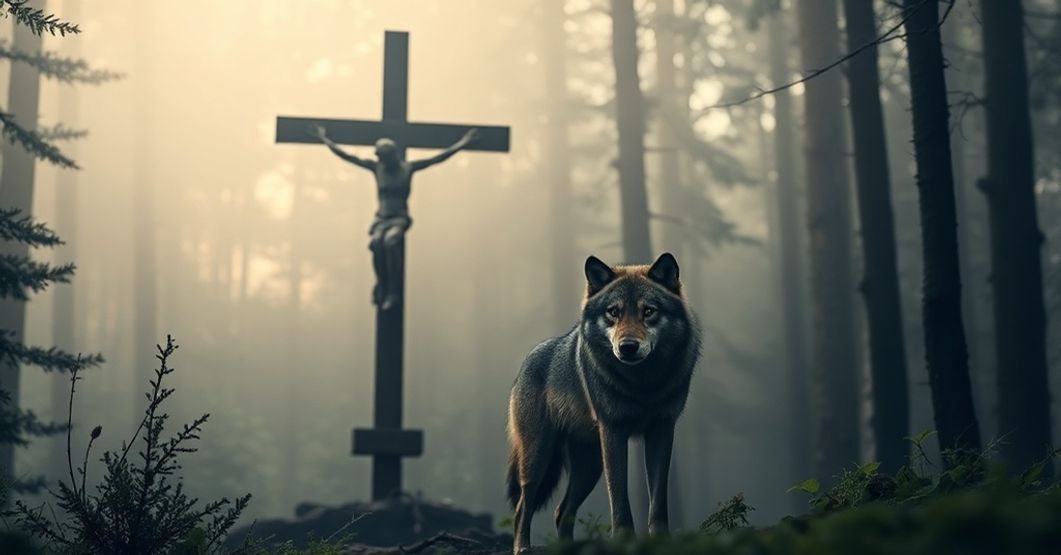 Samotny wilk stojący w mgliście lesie z krzyżem w tle, symbolizujący katolicką perspektywę na stworzenie.