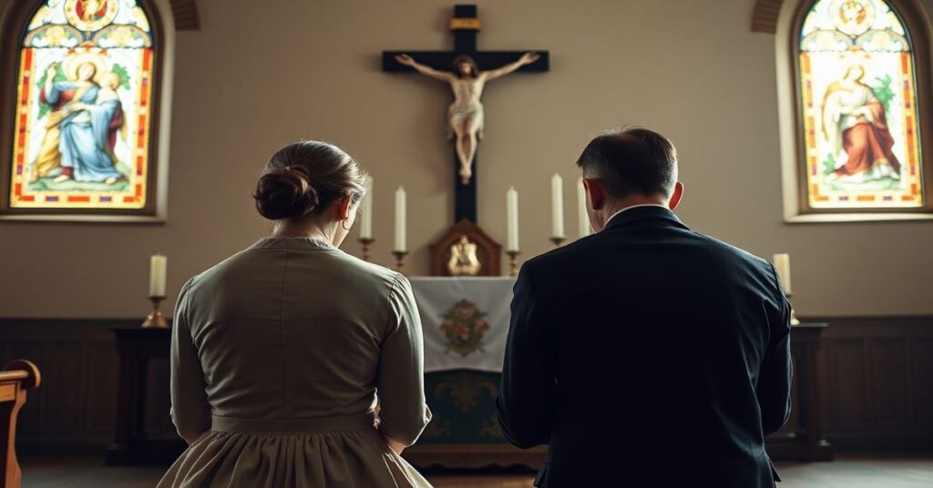 Tradycyjny katolicki obraz pary Wioletty i Jana modlącej się w kaplicy przed tradycyjnym ołtarzem