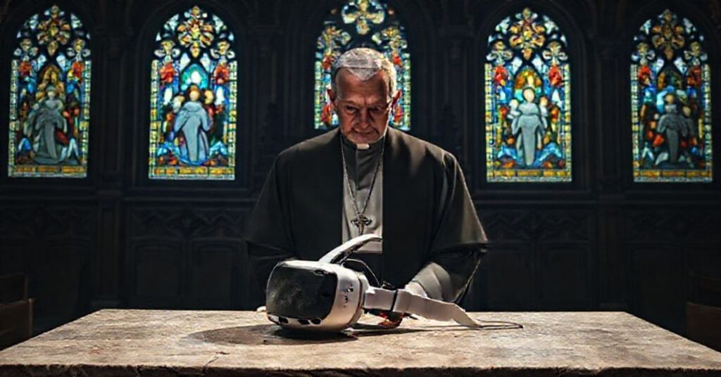 Kleryk w tradycyjnych szatach kościelnych patrzy z niepokojem na VR wizjer na ołtarzu w kaplicy. Symbolizuje duchowe zagrożenie wirtualnej rzeczywistości.