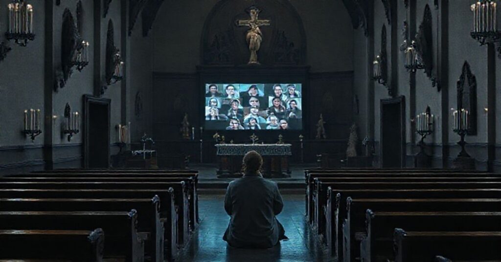 Pusty kościół z osobą patrząca na ekran z platformą Jitsi Meet podczas wirtualnych rekolekcji, bez obecności sakramentów i tradycyjnego kultu.