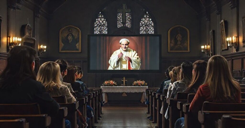 Obrązek przedstawiający wirtualne spotkanie fałszywego 'papieža' Leona XIV z młodzieżą amerykańską w atmosferze duchowej pustki i oszustwa modernistycznego.