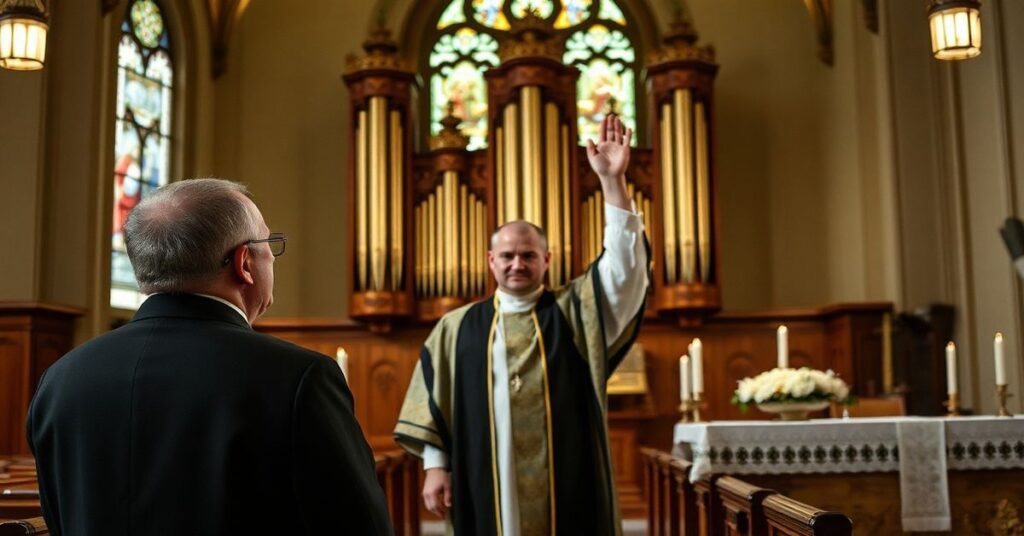 Scena w kościele podczas uroczystego 'poświęcenia' organów przez 'bp' Piotra Gregera w Wiśle