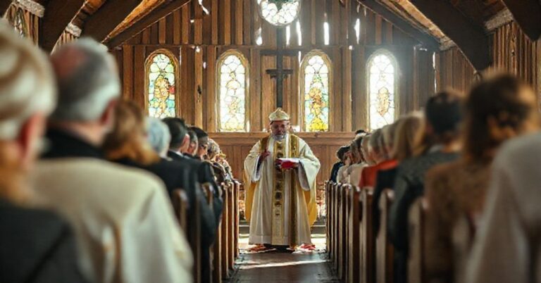 Scena katolicka w Witkowicach: apostaśja posoborowa podczas celebracji w drewnianym kościołe. "Bp" Roman Pindel przewodzi niedostatecznej liturgii nowego rytu w otoczeniu nowoczesnych elementów.