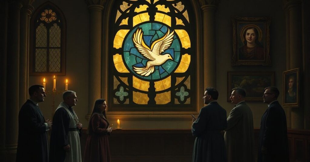 Sobór katolicki z witrażowym oknem symbolizującym fałszywe pojednanie polsko-niemieckie