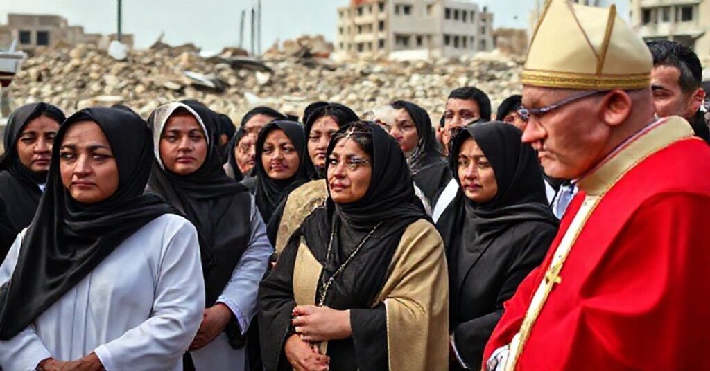 Grupa wiernych katolików w Libanie obserwujących modernistycznego antypapieża podczas wizyty w Bejrucie.