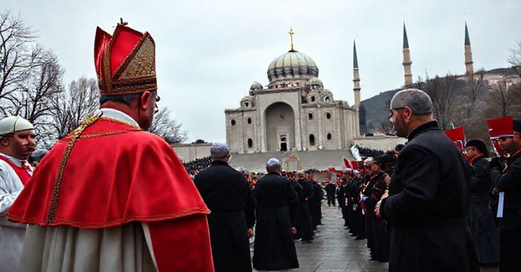 Obraz przedstawiający wizytę 'papieża' Leona XIV w Turcji, z kontrastem pomiędzy tradycyjnym katolickim duchownym a świeckim mauzoleum Atatürka.