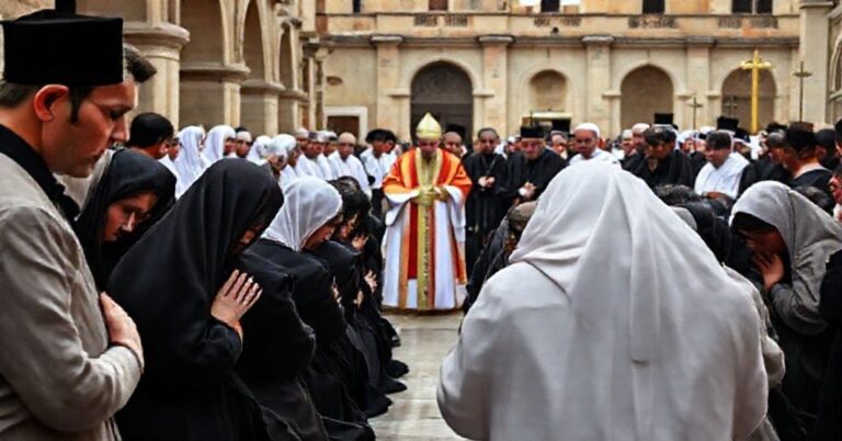 Wierni katolicy modlący się podczas fiktywnej wizyty "papieża" Leona XIV w Libanie.