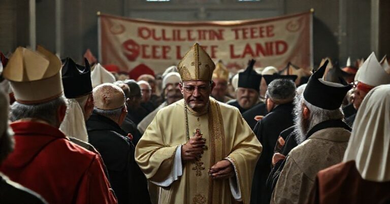 Scena wizyty "kardynała" Pizzaballi w Detroit z 2025 roku, przedstawiająca synkretyzm religijny i późnowspółczesną apostazję