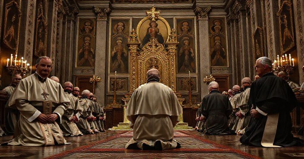 Prezydium KEP klęcza przed usurpatorem Leonem XIV w Watykanie w 2025 roku