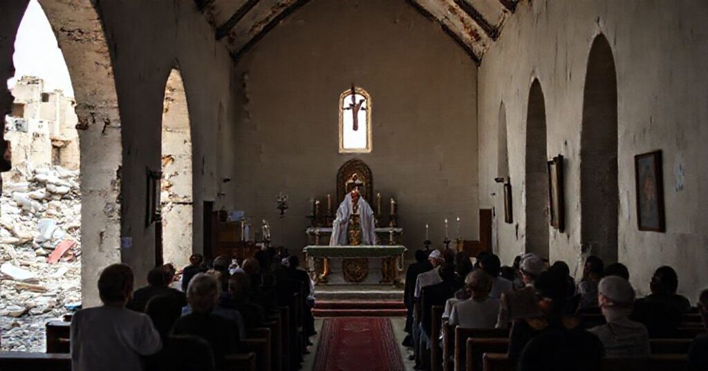 Scena wiernych katolików podczas mszy w zniszczonej parafii w Gazie podczas okupacji.