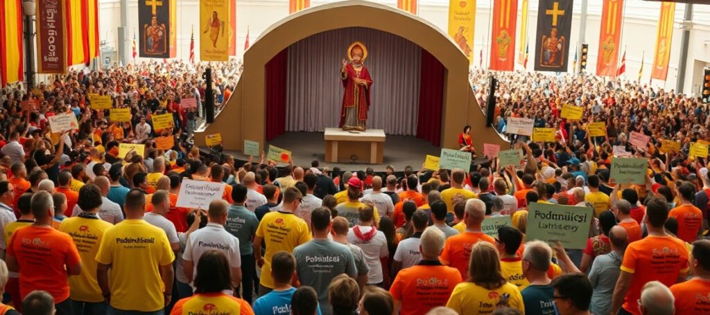 Tłum uczestników zdarzenia religijnego w Hiszpanii z udziałem Leon XIV