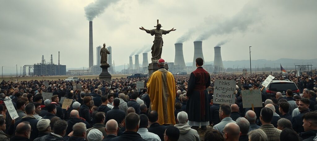 Zniszczony krajobraz przemysłowy w 'Krainie Ognia' podczas wizyty uzurpatora Leona XIV, z grupą ludności i modernistycznymi księżmi na scenie.