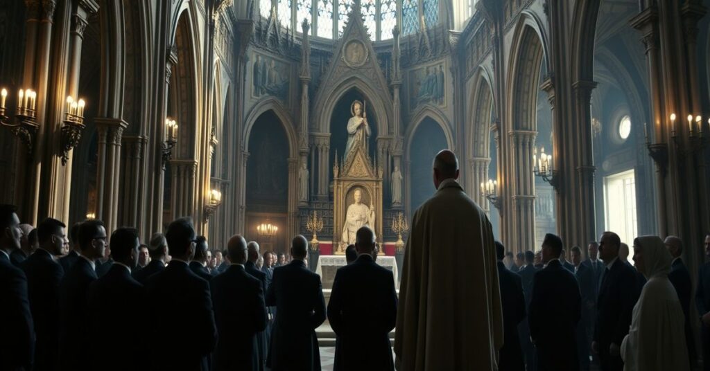 Sobór w Monako podczas kontrowersyjnej wizyty uzurpatora Leona XIV i ambasadora Philippe'a Orengo. Scena przedstawia kilka katechumenów na pierwszym planie w tradycyjnym Kościele katolickim.