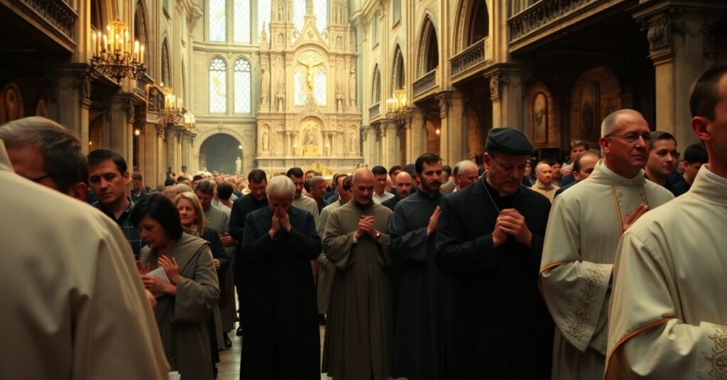 Realistyczny obraz tradycyjnej procesji katolickiej w Paryżu z Mszą Trydencką w Notre-Dame de Paris.