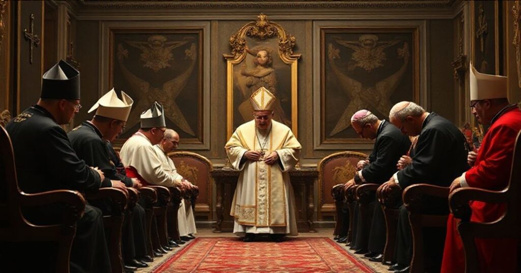 Realistyczne zdjęcie przedstawiające rzekome "Prezydium Konferencji Episkopatu Polski" podczas spotkania z antypapieżem Leonem XIV w okupowanym Watykanie.