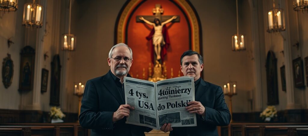 Władysław Kosiniak-Kamysz i Cezary Tomczyk stoją w tradycyjnym kościele katolickim z gazetą o wycofaniu amerykańskich wojsk.