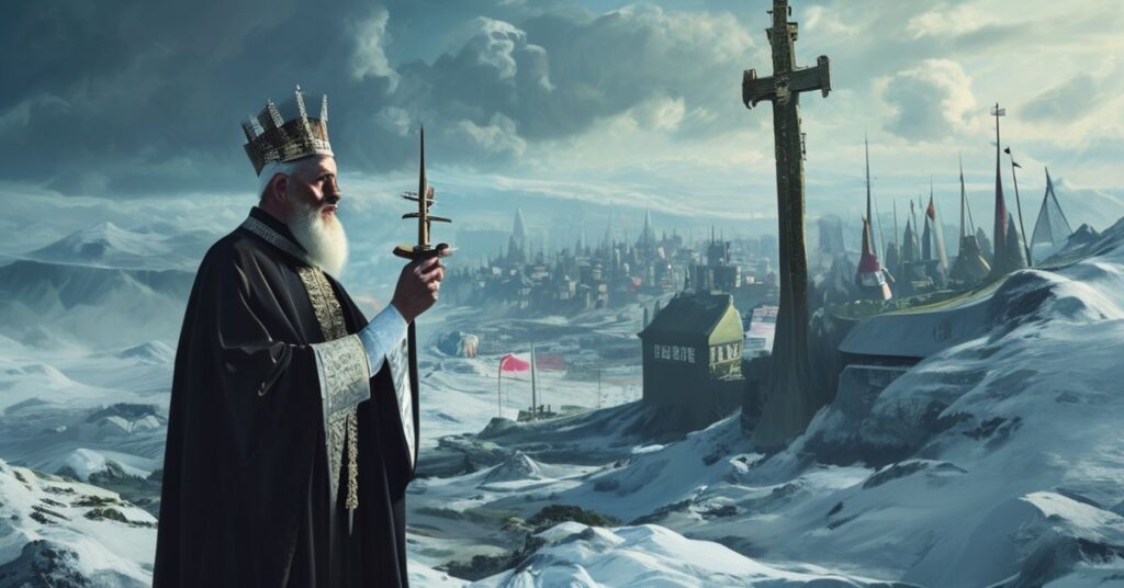 Katedralny biskup w tradycyjnych ornatach stoi przed lodowatym krajobrazem Grenlandii, trzymając krzyż jako symbol królewskiej władzy Chrystusa nad narodami. W tle widoczne są cienie baz wojskowych i flagi Stanów Zjednoczonych, Chin i Danii.