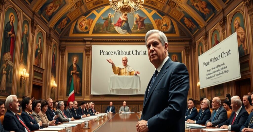 Antonio Tajani reprezentuje Włochy na pierwszej sesji Rady Pokoju Trumpa jako obserwator w uroczystym salonie konferencyjnym o wysokich sufitach i freskach świętych.