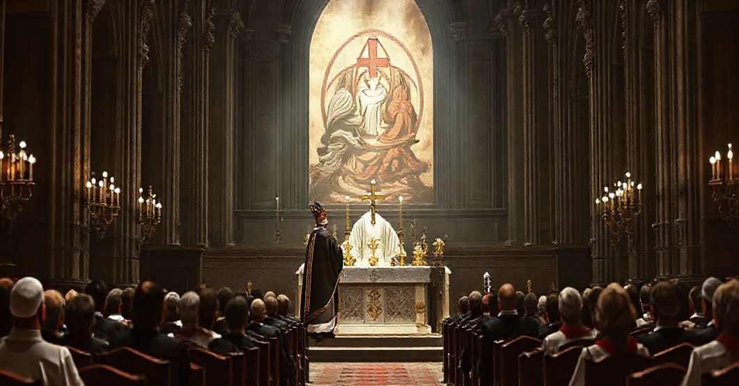 Powaga, tradycyjny katolicki widok inauguracji seminarium w wielkiej bazylice, koncentrujący się na fałszywym biskupie w modernistycznych szatach celebrowanym nieprawidłową Mszę Świętą, podczas gdy seminariuszowie siedzą w zamieszaniu. Ołtarz jest pusty, bez krzyża i żadnych naczyń liturgicznych, podkreślając brak prawdziwych sakramentów. Za ołtarzem zniekształcony obraz Trójcy Świętej symbolizuje relatywizację dogmatu. Scena jest przyciemniona, z ponurymi twarzami, odzwierciedlającą krytykę modernistycznej apostazji w seminariach.