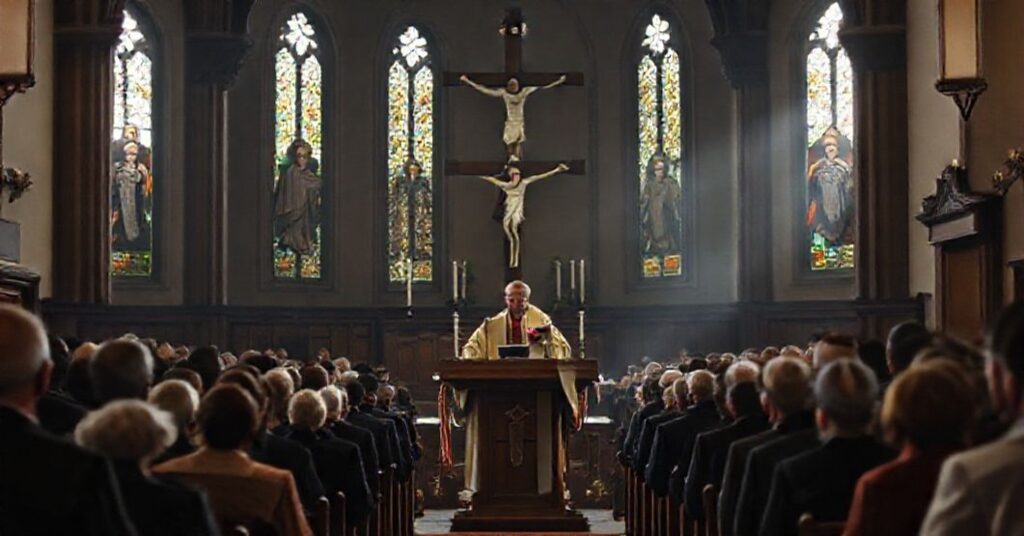 Grupa wiernych słucha kazania "biskupa" Włodarczyka w kościele tradycyjnym.