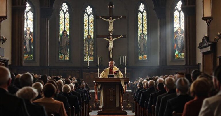 Grupa wiernych słucha kazania "biskupa" Włodarczyka w kościele tradycyjnym.